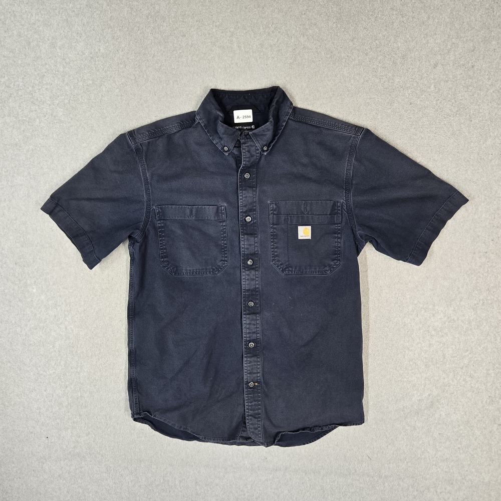 Carhartt Men Button Up Shirt M Navy Twill Work Shirt Relaxed Rugged Flex Rigby